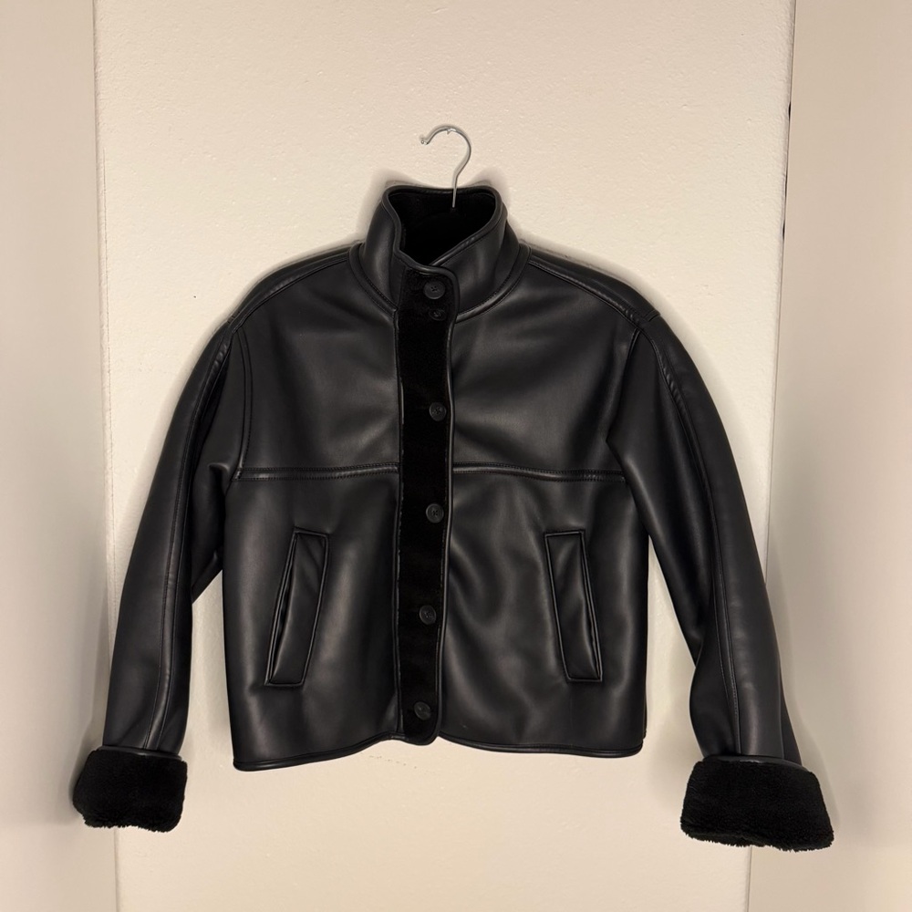 Hollister Sherpa-Lined Vegan Leather Jacket in Black